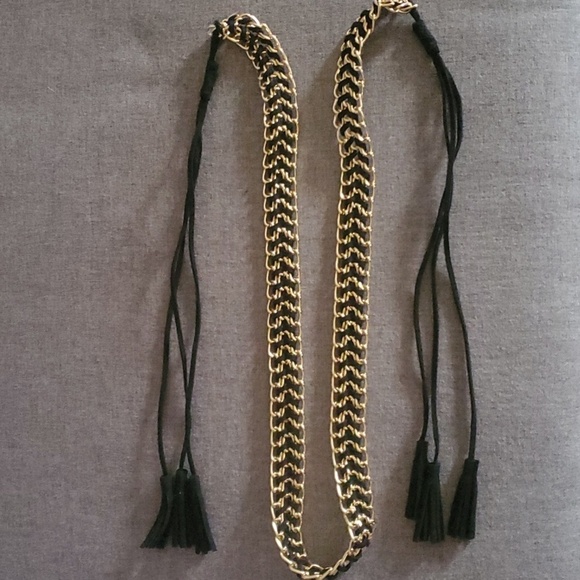 Belt goldtone and black material fringe 29" gold tone + another 12" on each side - Picture 1 of 8